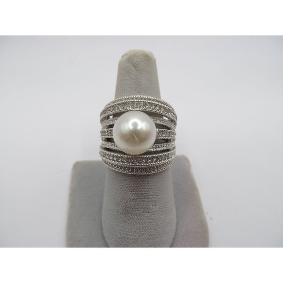 Faux Pearl 7 Tier Band Rhinestone Cocktail Ring signed NVC - Picture 4 of 14